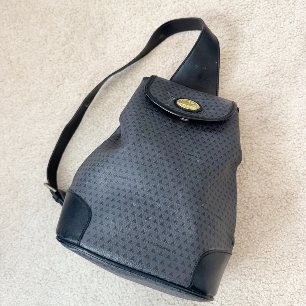 Liz Claiborne vintage black vegan leather logo sling backpack purse